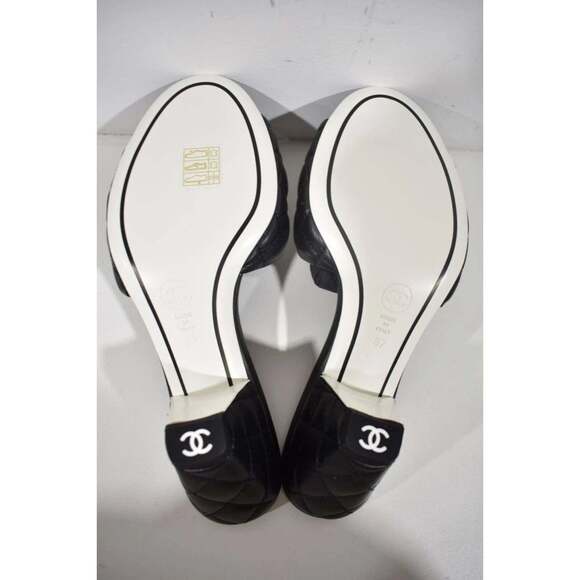 Chanel REV Black Lambskin Quilted CC Gold Logo Cone Heel Mule Slide Sandal 37 - Picture 11 of 11